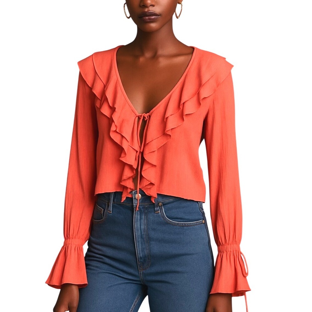 PrettyLittleThing Coral Ruffle Blouse Long Sleeve Tie‎ Front Cropped Top NWOT